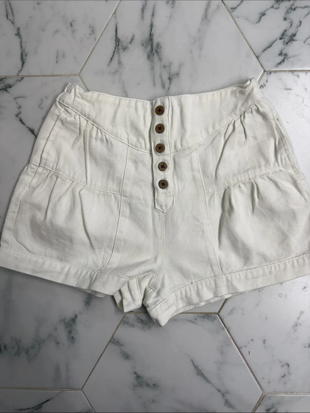 High-Waist Cream Button-Front Cotton Shorts - Picture 1 of 5